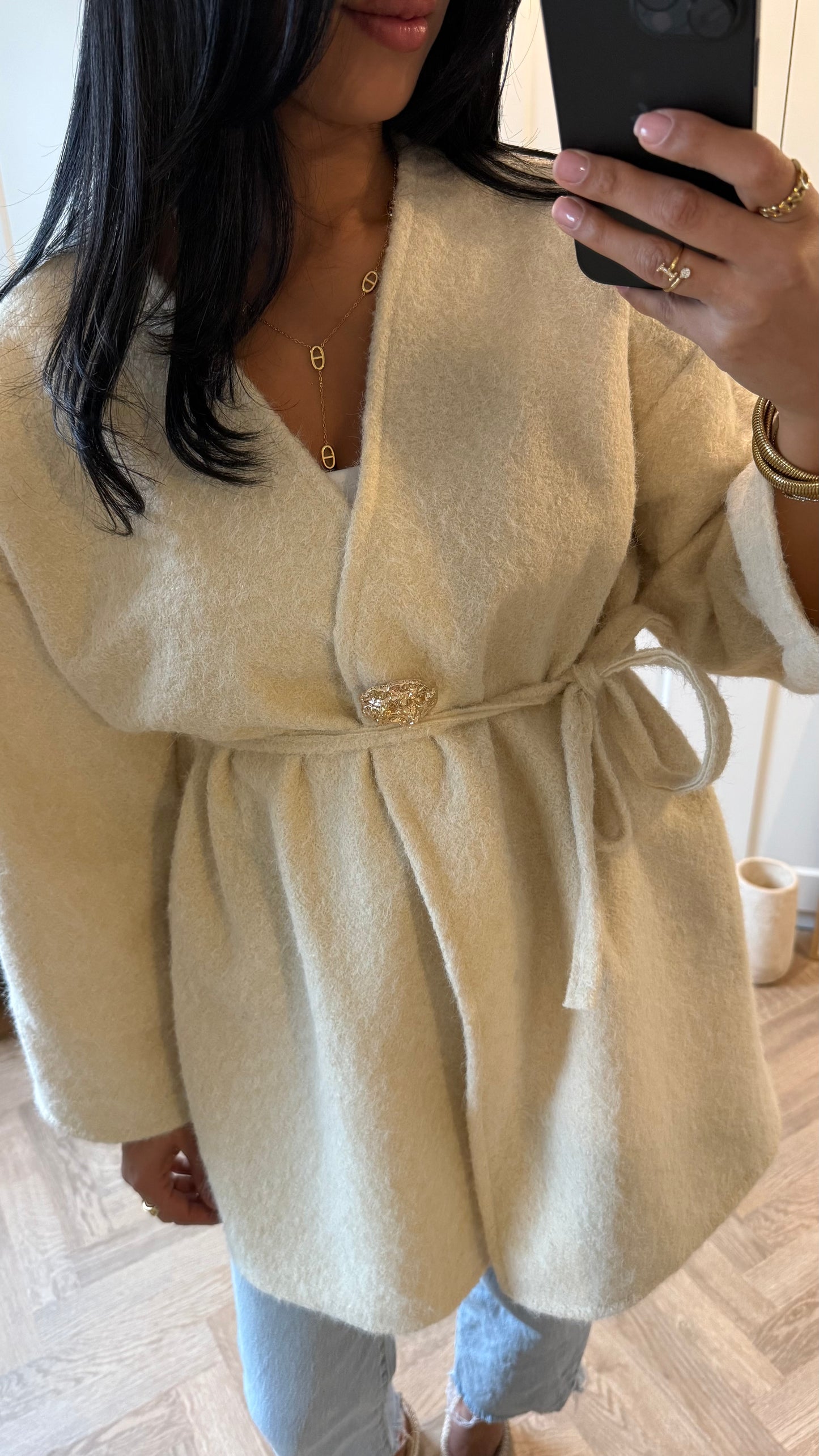 Gilet long épais bouton doré | Écru