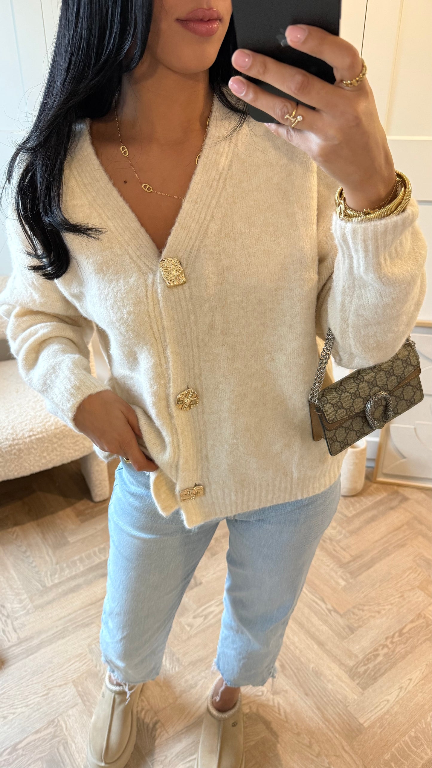 Cardigan bouton doré | Écru