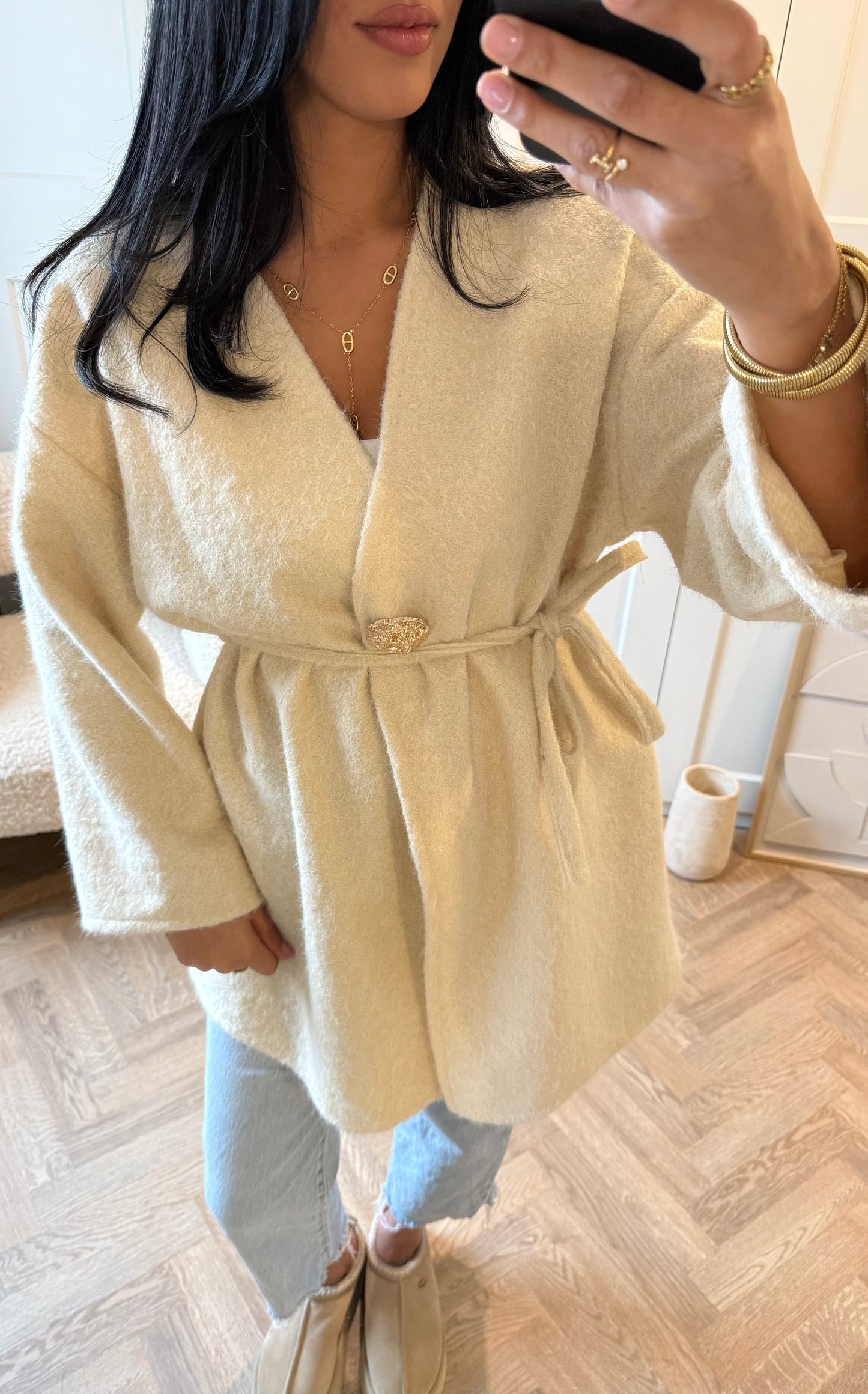 Gilet long épais bouton doré | Écru